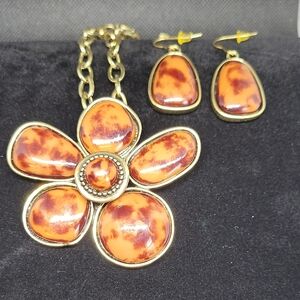 Gold and Brown Floral Necklace and Earring Set